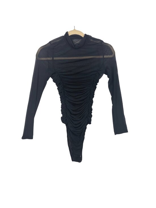 Unbranded Tops - ✨3/$30 S Ruched Sheer Black Long Sleeve Bodysuit With High Neckline